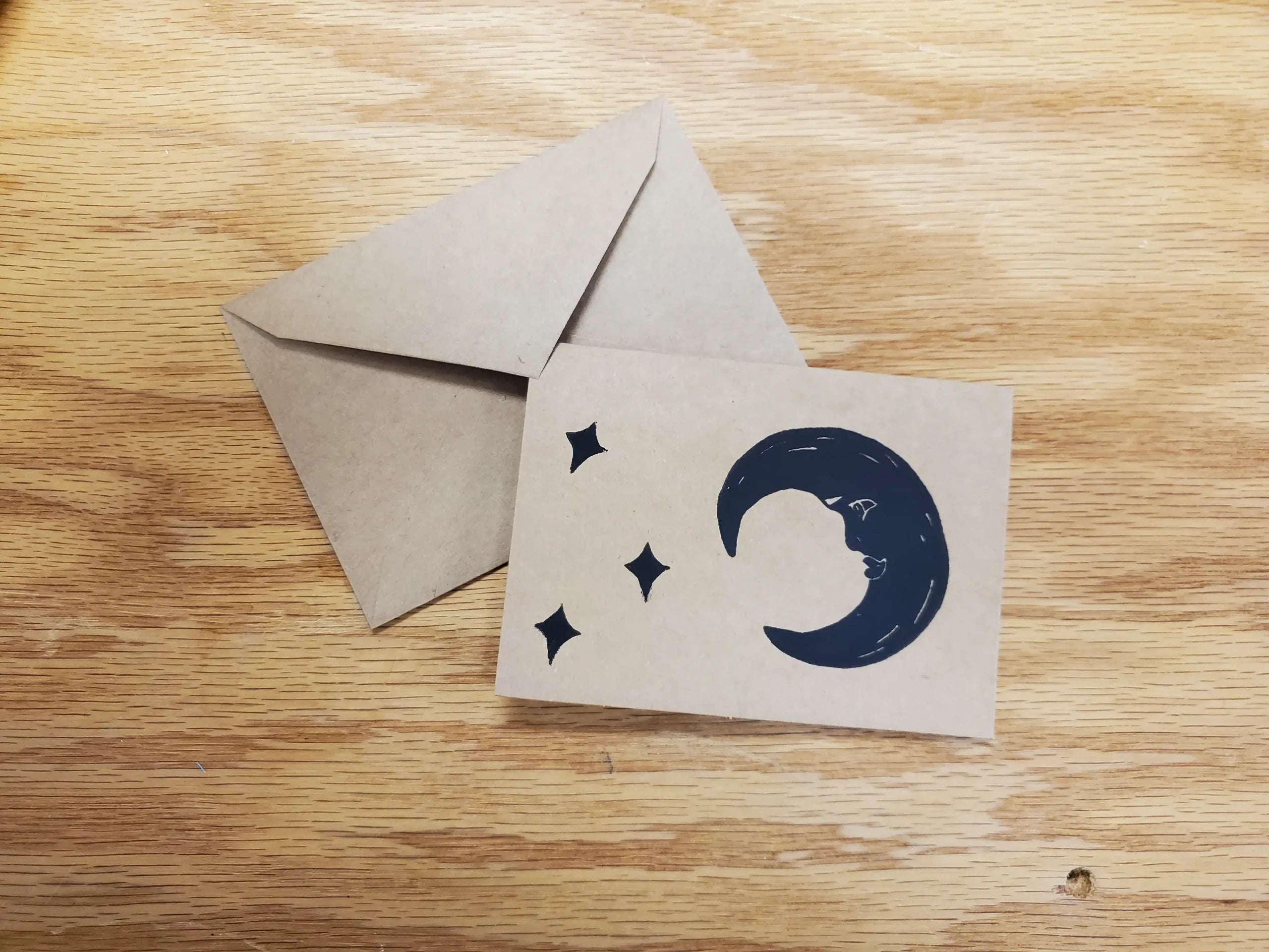 Crescent Moon and Stars Linocut Notecard